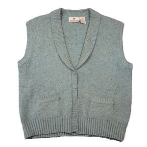 Vtg Haberdasher Wool Sweater Vest L Green Speckled Button Up Grandpa Cottage 80s
